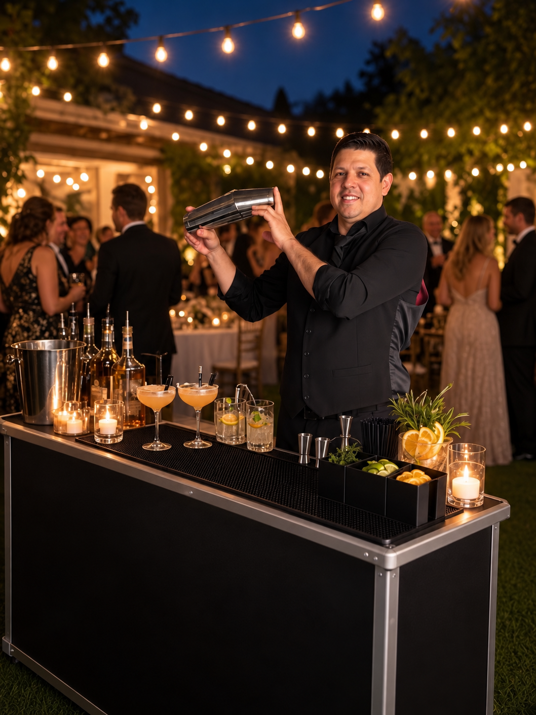 Professional bartender shaking a cocktail behind a portable bar at an evening event