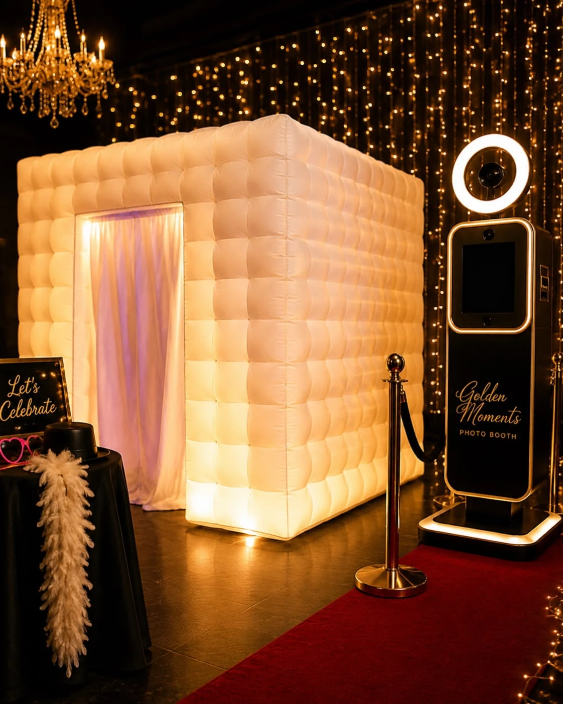 Golden Moments photo booth with red carpet and gold lights