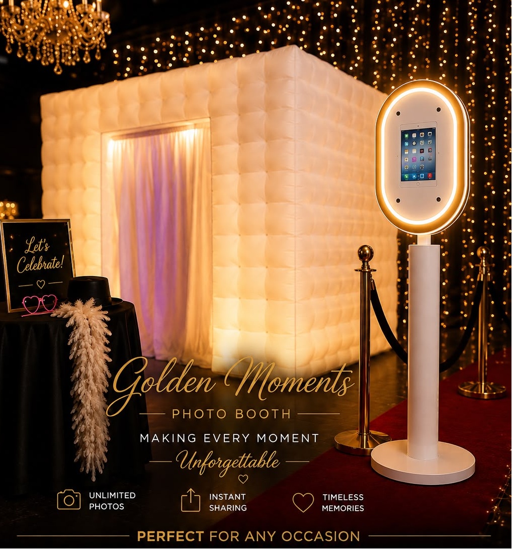 Cabina inflable Golden Moments Photo Booth con alfombra roja y kiosco de fotos