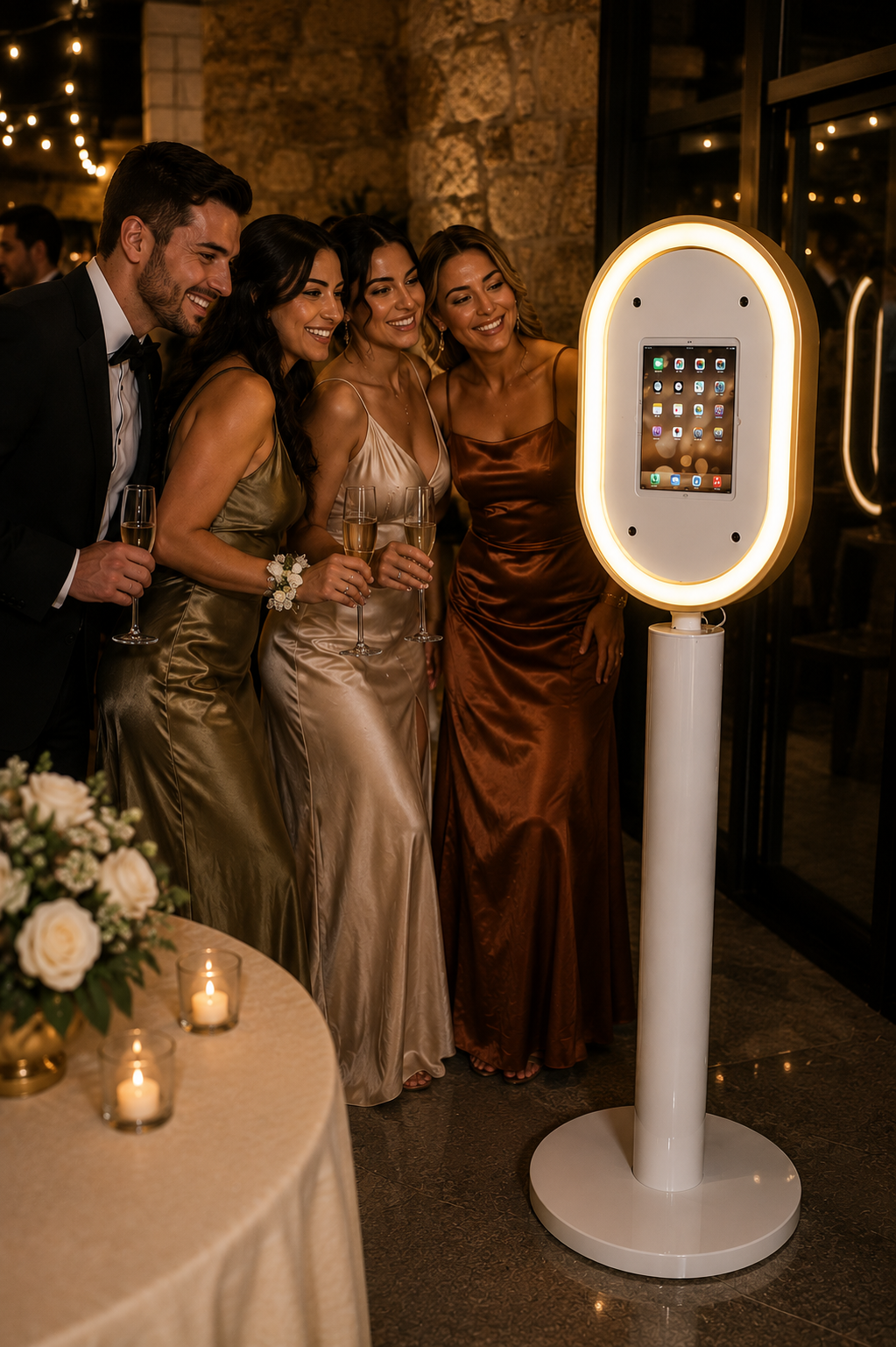 Invitados de boda tomándose fotos en la cabina Golden Moments Photo Booth