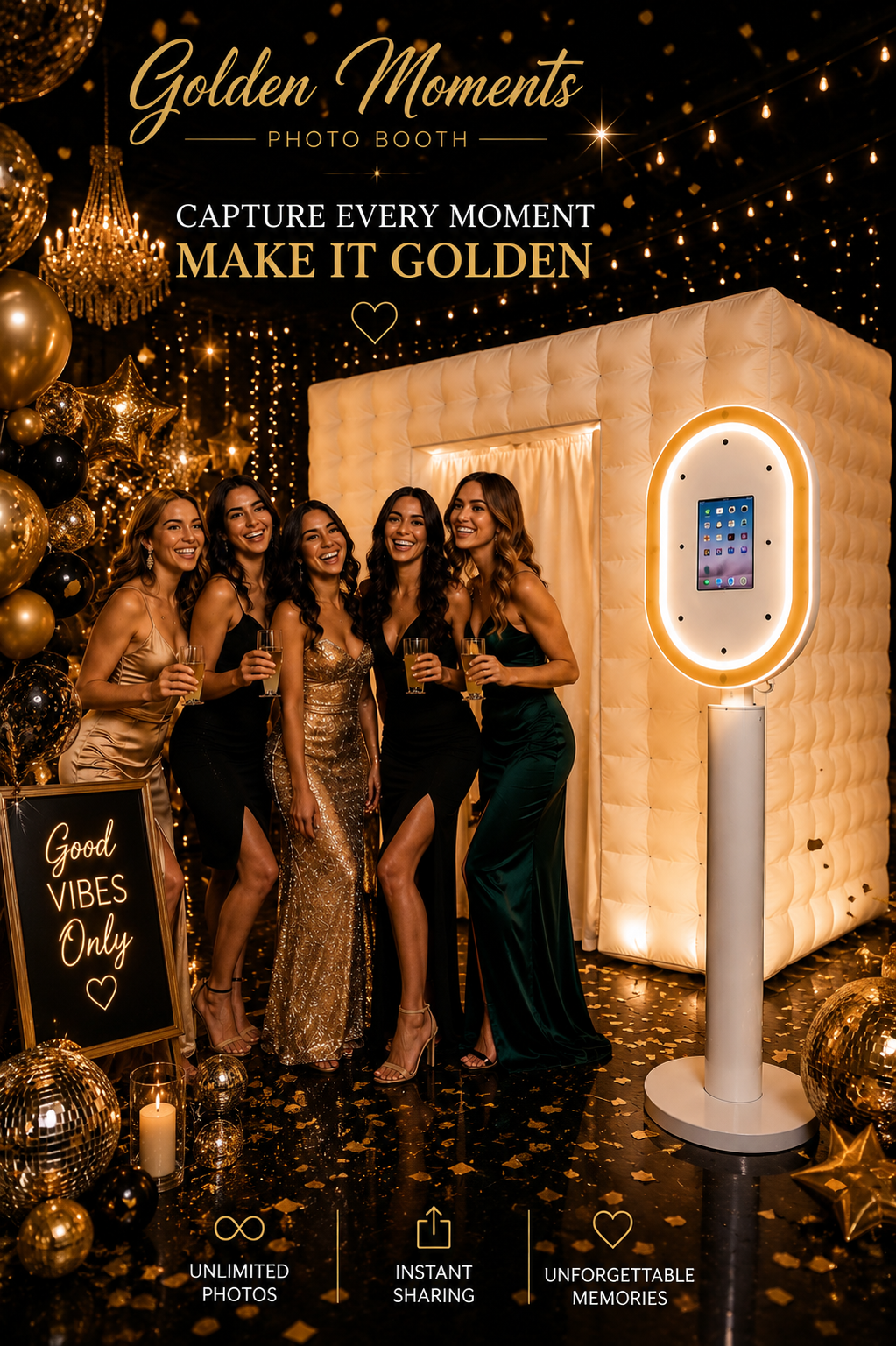 Amigas celebrando junto a la cabina inflable Golden Moments Photo Booth